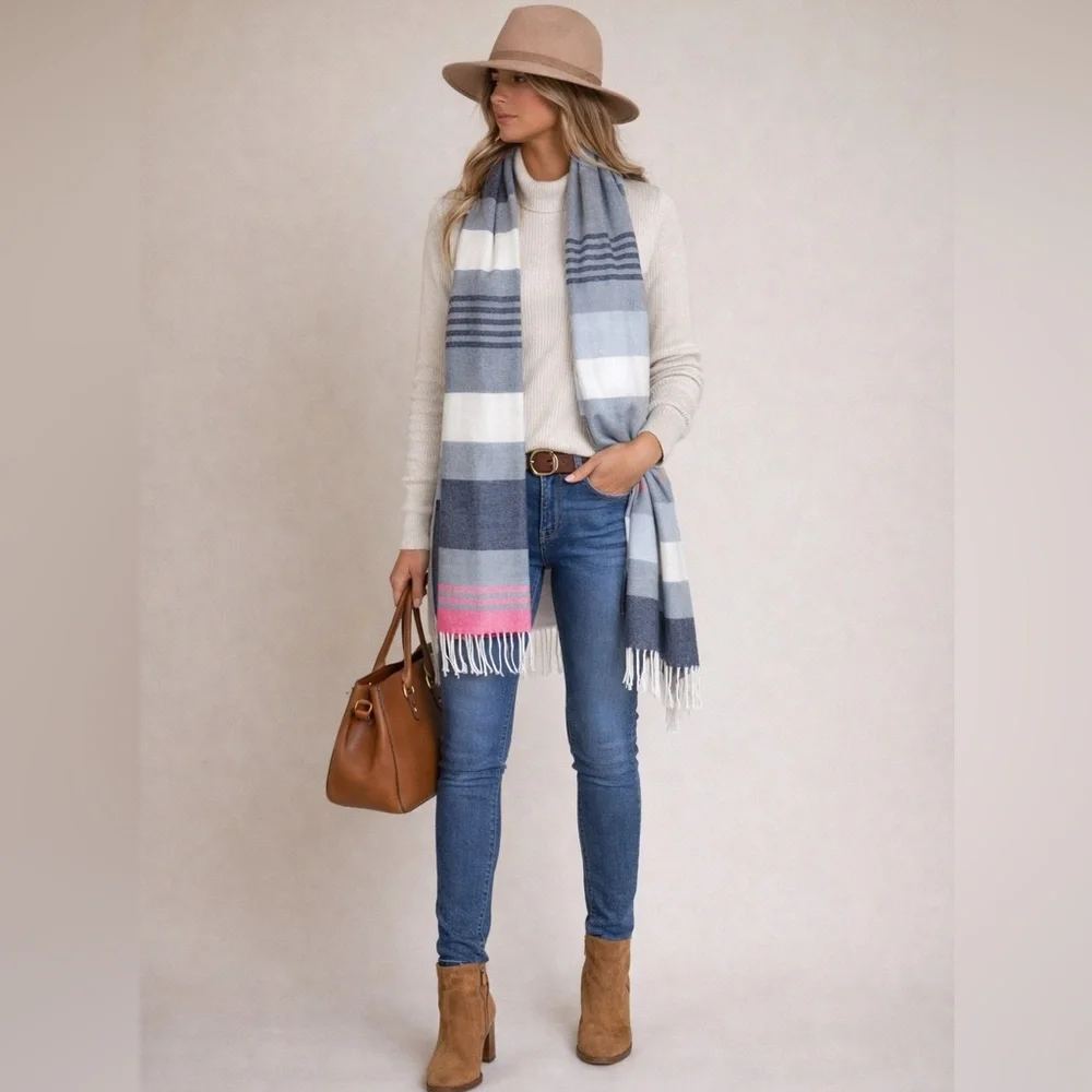 NEW | GAP Striped Scarf Wrap Blanket Fringe Pink White Gray Blue